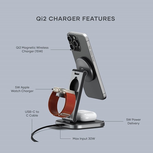 Chargeur sans fil pliable 3-en-1 Qi2 Satechi